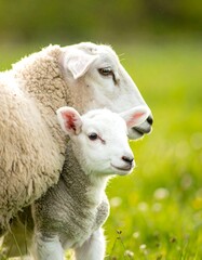 Obraz premium Close-up of a mother sheep and her lamb in a grassy field