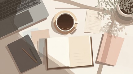 A Peaceful Workspace Flat Lay of Laptop, Open Book, Coffee Cup, and Potted Plants on a Neutral Desk, Bathed in Soft Sunlight. Minimalist Aesthetic