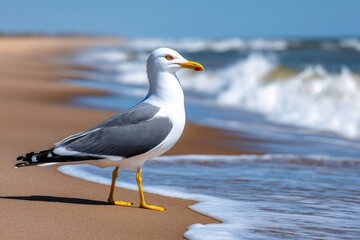 Obraz premium Seagull wades along the sandy shoreline under the bright blue sky, capturing the essence of a serene beach day