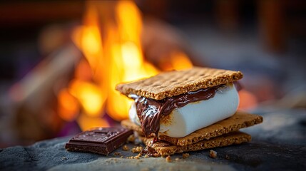 A Perfectly Roasted Treat By Campfire A Detailed Close Up Of Gooey Melted Sweet Treat And Chocolate Sandwiched Between Crispy Crackers, Set Against A
