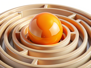3d illustration of an orange ball is in the center of a round maze, isolated on transparent background