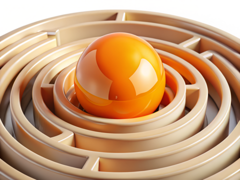 3d illustration of an orange ball is in the center of a round maze, isolated on transparent background