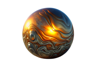 3d illustration of abstract metallic sphere with intricate patterns and textures, isolated on transparent background, featuring a blend of bronze, gold, and dark metallic colors