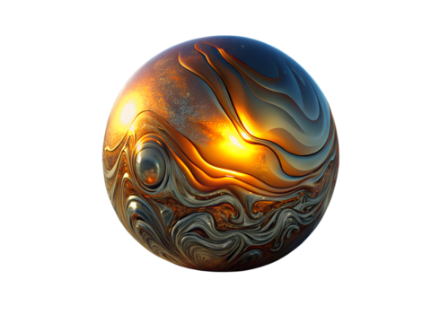 3d illustration of abstract metallic sphere with intricate patterns and textures, isolated on transparent background, featuring a blend of bronze, gold, and dark metallic colors