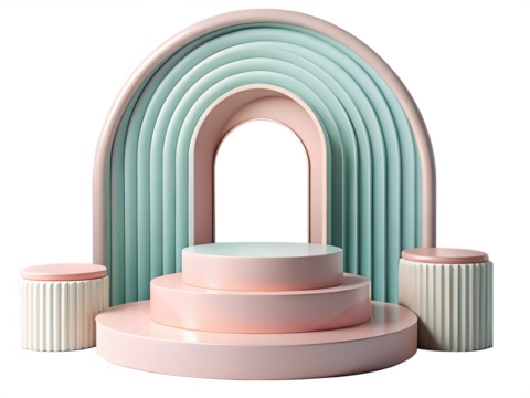 3d illustration of a minimalist pastel pink and blue geometric stage with a tiered podium and cylindrical pedestals, isolated on a transparent background