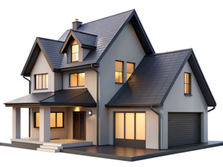 3d illustration of beautiful modern suburban house with a dark roof, multiple windows, and a garage, isolated on transparent background