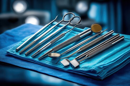 Sleek collection of dental tools arranged neatly on a vibrant blue surgical drape in a modern clinic setting - Powered by Adobe