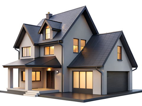 3d illustration of beautiful modern suburban house with a dark roof, multiple windows, and a garage, isolated on transparent background