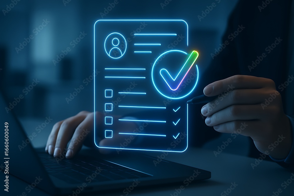Aufkleber person checking off items on a digital checklist with a neon glow to-do list task list