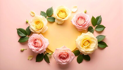 Pastel roses arranged circularly around a pale yellow circle on a pink background