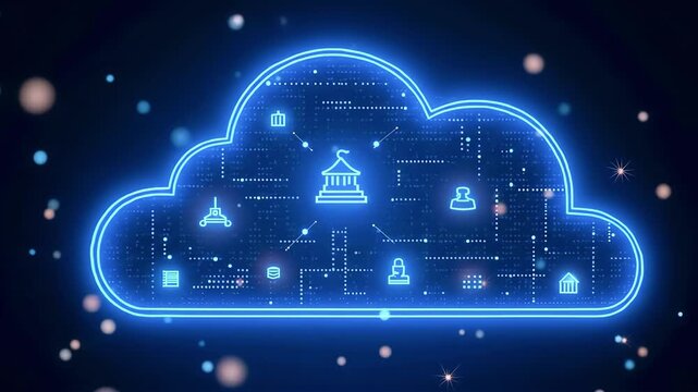Digital cloud symbolizing connectivity and data exchange with icons representing various sectors