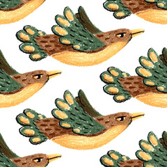 Seamless pastel pattern. Birds with wide wings in flight. Handdrawn decorative design. Naive stylized illustration.