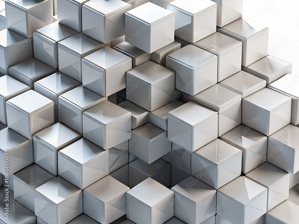 Poster 3d illustration of abstract pattern of many white cubes stacked and arranged in a geometric formatio