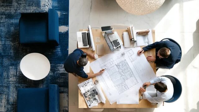 Birds-eye view of three people reviewing architectural plans on a light wood table