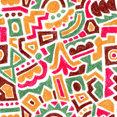 Seamless pastel pattern. Abstract colorful shapes and ornaments. Playful geometric decorative design. Naive art illustration.