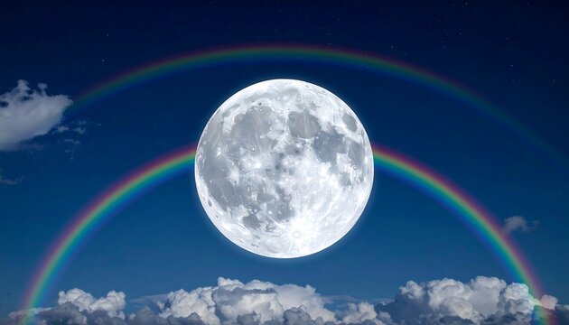 Full moon, double rainbow, night sky
