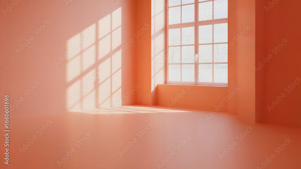 Poster interior of a peach colored room with sunlight streaming through a window creating light patterns