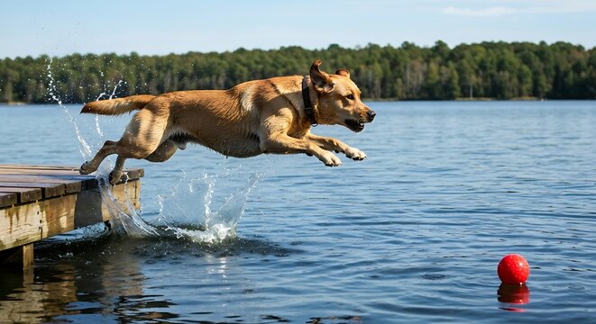 Dog leaps into the water from a wooden dock