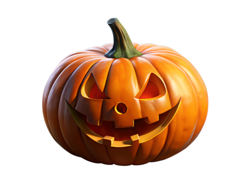 3d illustration of a carved halloween pumpkin with a scary face, glowing from within, isolated on a transparent background, symbolizing the spooky autumn holiday tradition