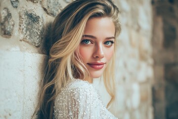 Fototapeta premium A lovely young woman with blonde hair and blue eyes dressed in a white sequined gown leans against a stone wall exuding a dreamy tenderness Visions of beauty fashion and trends