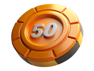 3d illustration of a single orange poker chip with the number 50, isolated on a transparent background, symbolizing gambling and casino games