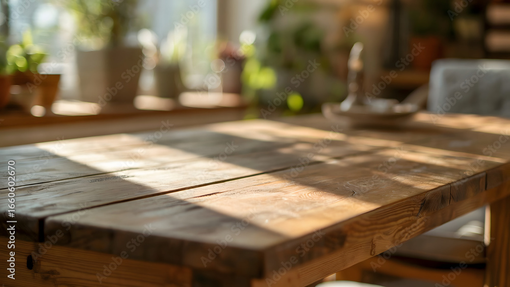 Poster sunlight streaming across a rustic wooden table with plants in the background near a bright window