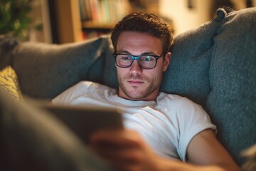 Obraz premium A young white man relaxes at home on a sofa using a tablet