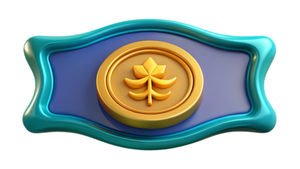 Gold leaf emblem on blue and green badge isolated on transparent background