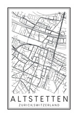 Hand drawn printable downtown road map poster of the Swiss city of ZURICH-ALTSTETTEN on solid white background with city name