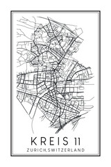 Fototapeta premium Hand drawn printable downtown road map poster of the Swiss city of ZURICH-KREIS 11 on solid white background with city name