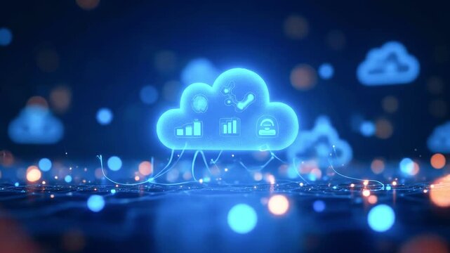 Futuristic cloud computing concept with glowing icons representing data analytics and connectivity
