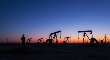 Fototapeta premium Silhouetted figure in an oil field under a vibrant twilight sky