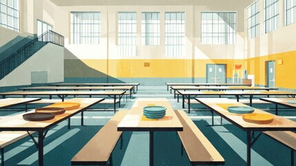 Empty School Cafeteria In Winter Sunlight Streaming Through Windows Illuminating Tables And Benches, A Peaceful Atmosphere Of Minimalist Design
