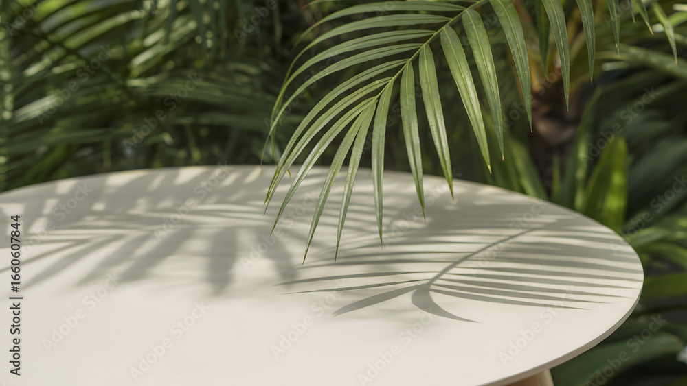 Poster close up of a round white table with a palm frond casting a shadow in an outdoor setting