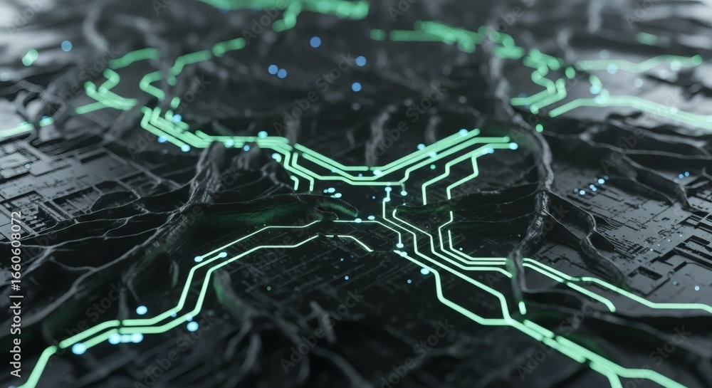 Poster abstract futuristic digital circuit board pattern with glowing green lines and blue particles repres