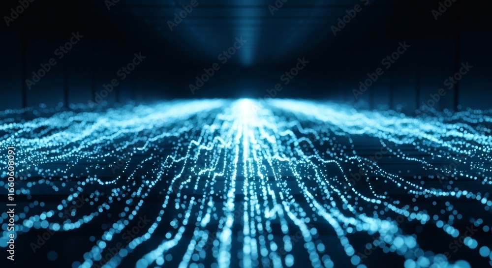 Poster digital data stream flowing forward with bright futuristic light tunnel and abstract wave patterns c