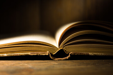 Open antique book on wooden table. Concept for literature, writing, author and history