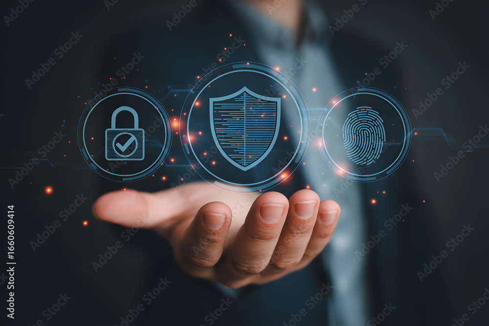 Poster cybersecurity protection – data security privacy encryption and digital safety concept