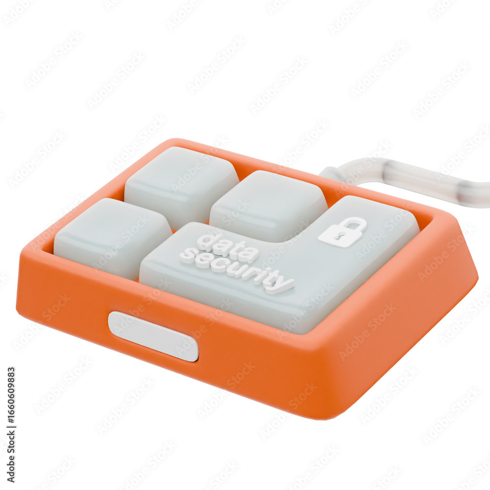 Poster orange and white novelty data security keyboard key with padlock icon.