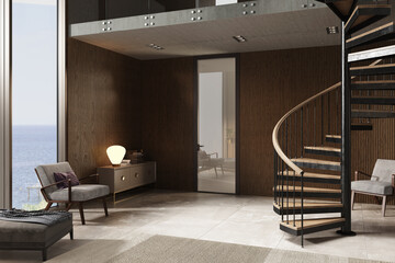 Apartment with a large panoramic window with sea view and spiral staircase. Modern interior design. 