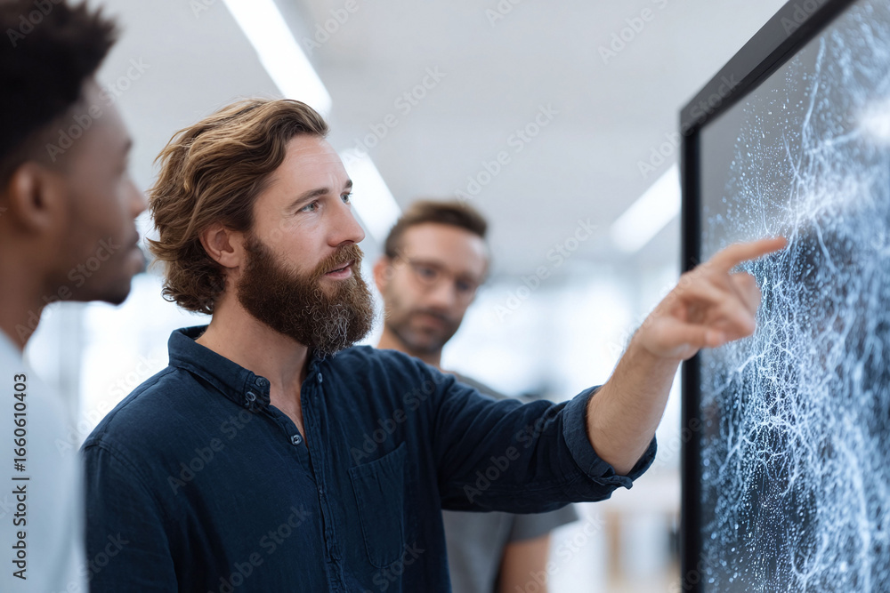 Poster diverse group analyzing complex data visualization on a large screen. represents teamwork, innovatio