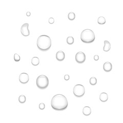 Water drop different shape realistic vector background. Droplet splash, glass drip surface, liquid texture. Clean rain, wet shower. Shiny raindrop backdrop. Condensation on window illustration. 