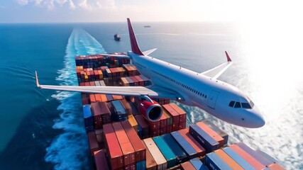 Global Logistics: Aerial View of Cargo Ship and Airplane Synergy in Transportation - Powered by Adobe