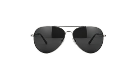 A pair of silver framed aviator sunglasses with dark lenses on a solid black isolated background view
