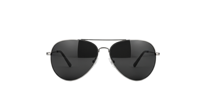 A pair of silver framed aviator sunglasses with dark lenses on a solid black isolated background view