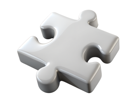 3d illustration of a single, white jigsaw puzzle piece isolated on a transparent background, representing a concept of problemsolving and connection