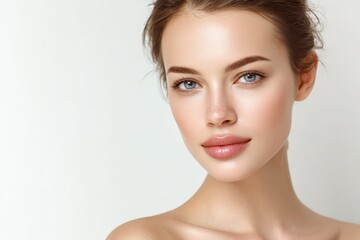 Fototapeta premium Portrait of a beautiful young woman with fresh healthy skin showcasing cosmetology and spa treatments against a white background