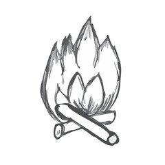 Campfire hand Drawn with ink. Open Fire on Wood, bonfire. Black and white sketch Doodle. Warm up fire pit. Design for hike, survival and travel. Trip, rest outside. Isolated. Vector illustration