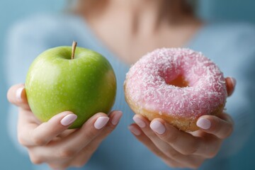 A woman weighs the choice between a healthy green apple and unhealthy donut reflecting on dieting and nutrition for weight loss and obesity management