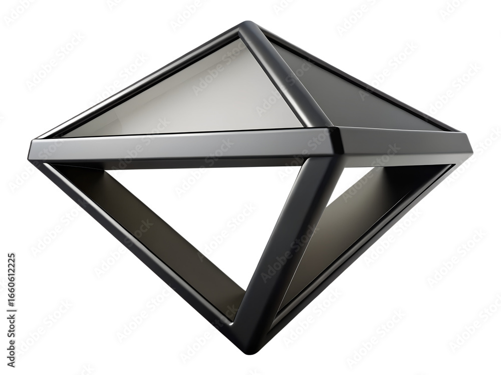 Poster 3d illustration of a black geometric octahedron shape with sharp edges and facets, isolated on a tra